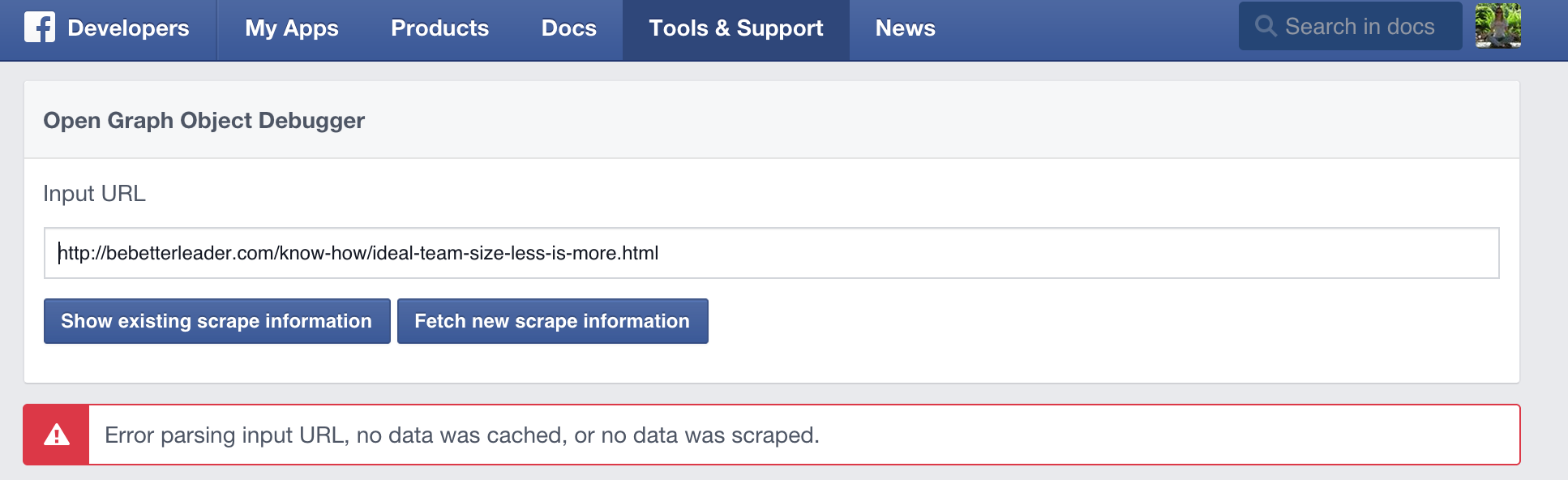 Error parsing input URL, no data was cached, or no data was scraped.